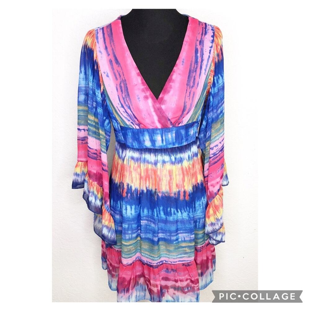 Betsey Johnson blue pink orange watercolor ruffle trim flowy dress size 8